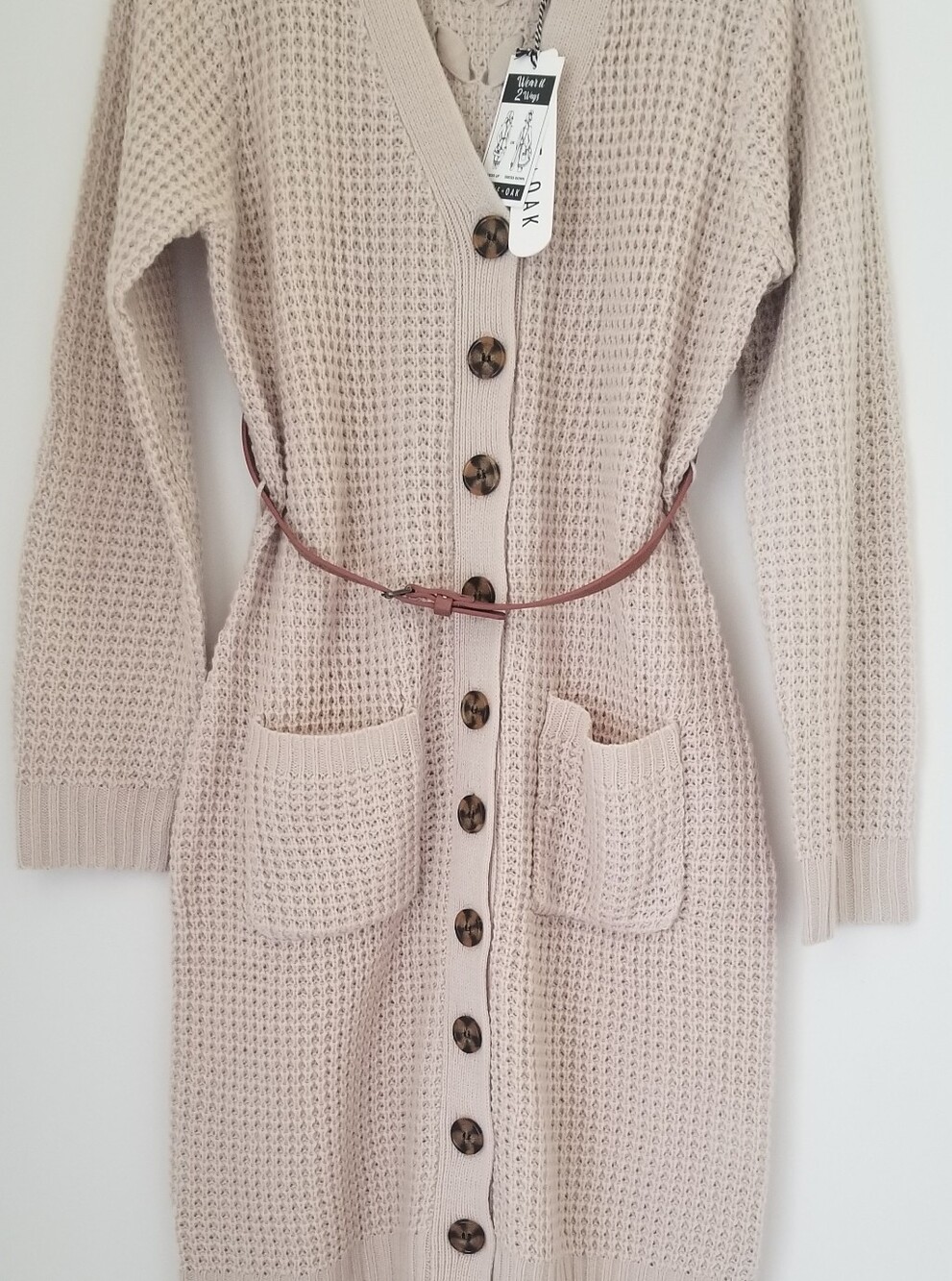 New 2 in 1 Cream Beige Knit Button-Front Cardigan with Belt. Size: Medium